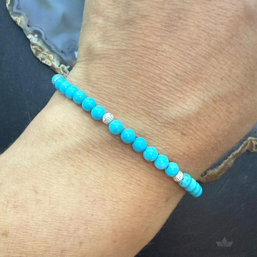 Sterling Silver 4mm Turquoise & Ridged Silver Beads 7.25" Bracelet For Women